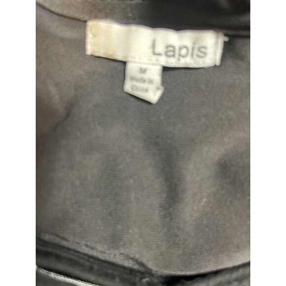 Lapis M Black Relaxed Fit Metallic Center Panel 3/4 Sleeve Shirred Hem Tunic Top - Picture 5 of 5